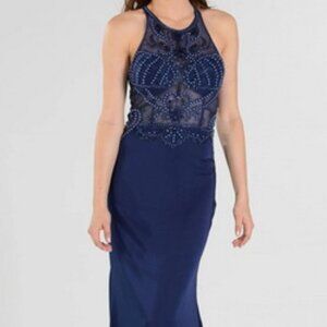 Ed Young Sheer Beaded Bodice Racer Cut-Out Back Mermaid Gown